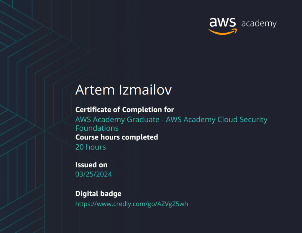 Artem Izmailov Certificate
