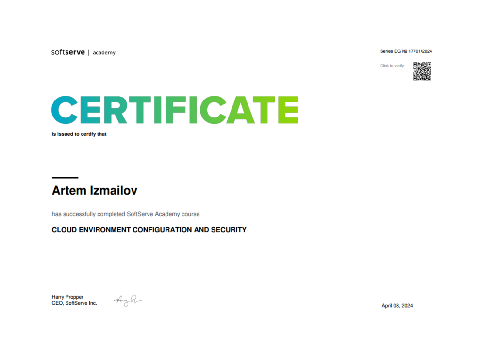 Artem Izmailov Certificate