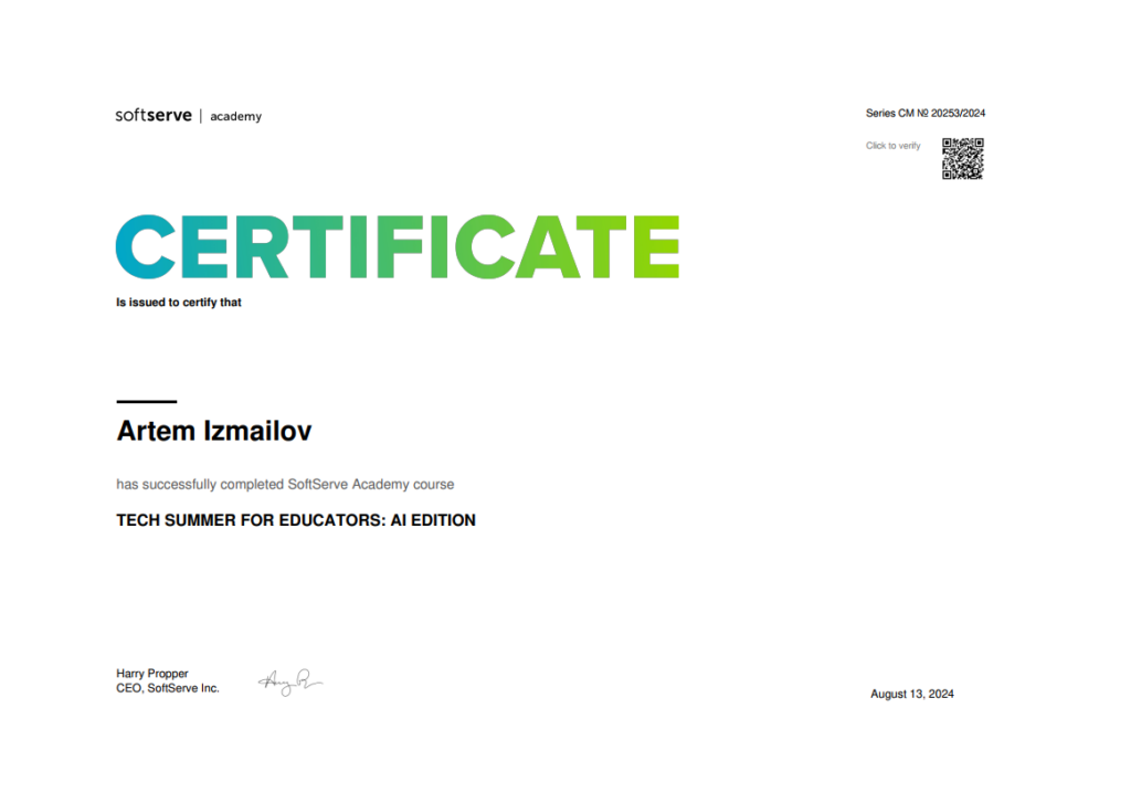 Artem Izmailov Certificate